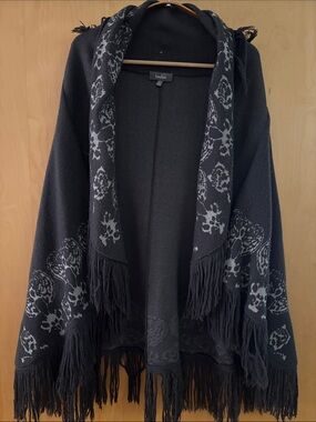 Neiman Marcus Black Fringe Open-Front Poncho with Gray Floral Accents